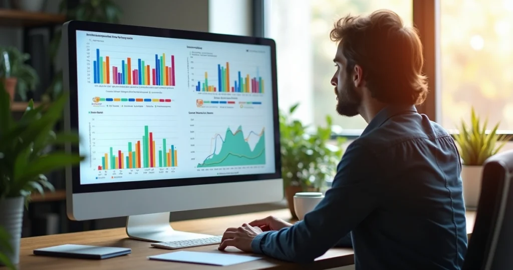 Tela de computador mostrando gráficos e métricas de desempenho de cursos online, com pessoa analisando dados em ambiente moderno e iluminado