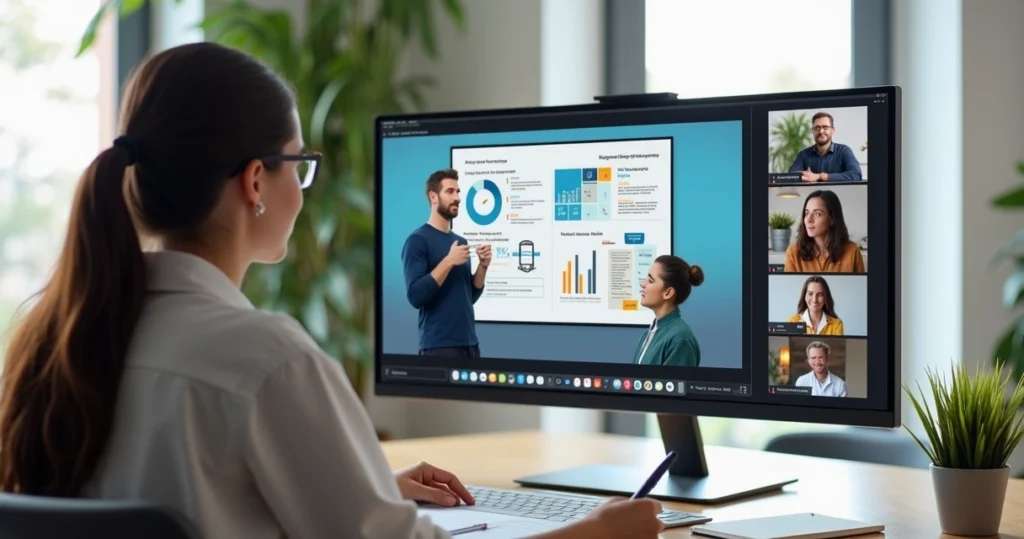 Sala virtual com tela compartilhada e participantes assistindo evento online educacional
