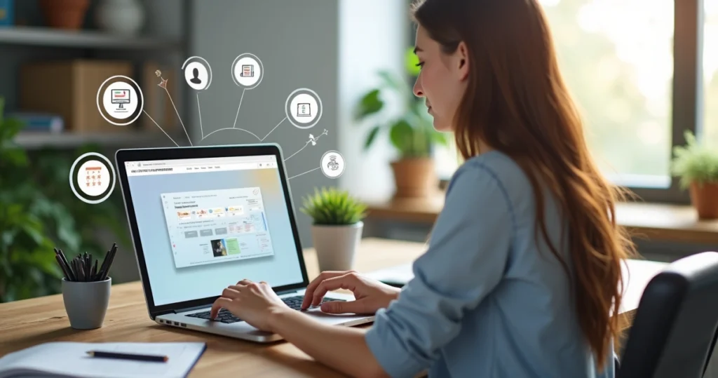 Aluno utilizando laptop com interface de plataforma de cursos online em ambiente claro e organizado