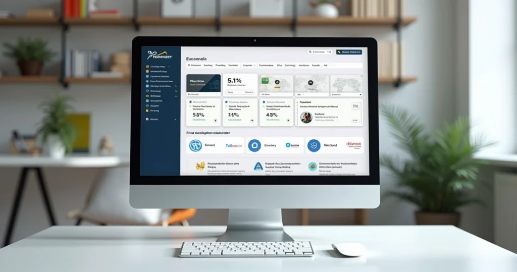 Tela de computador mostrando plataforma digital customizada com logo e cores próprias, elementos de cursos online e comunidade ativa