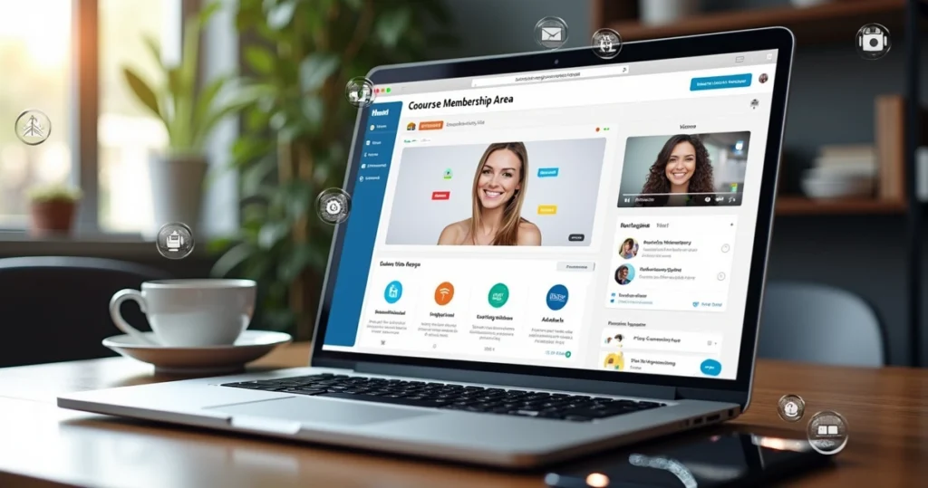 Tela de plataforma digital com painel de controle de área de membros personalizada exibido em laptop moderno