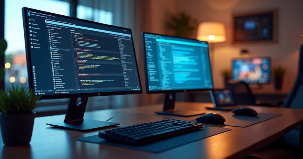 Duas telas de computador exibindo interfaces diferentes de plataformas para cursos online em um escritório moderno e iluminado