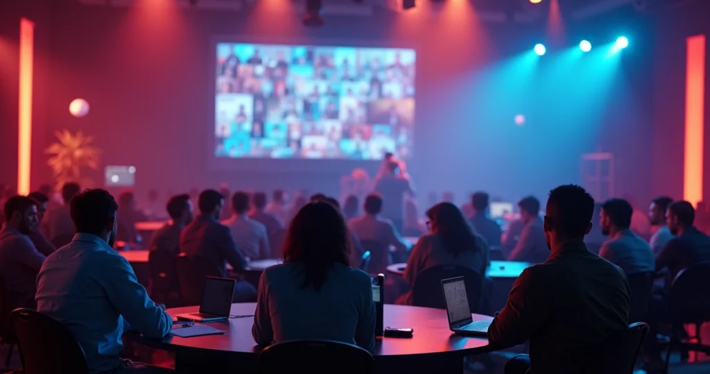 Membros de comunidade digital engajados em sala virtual participando de evento online com interface de fórum e chat ativo