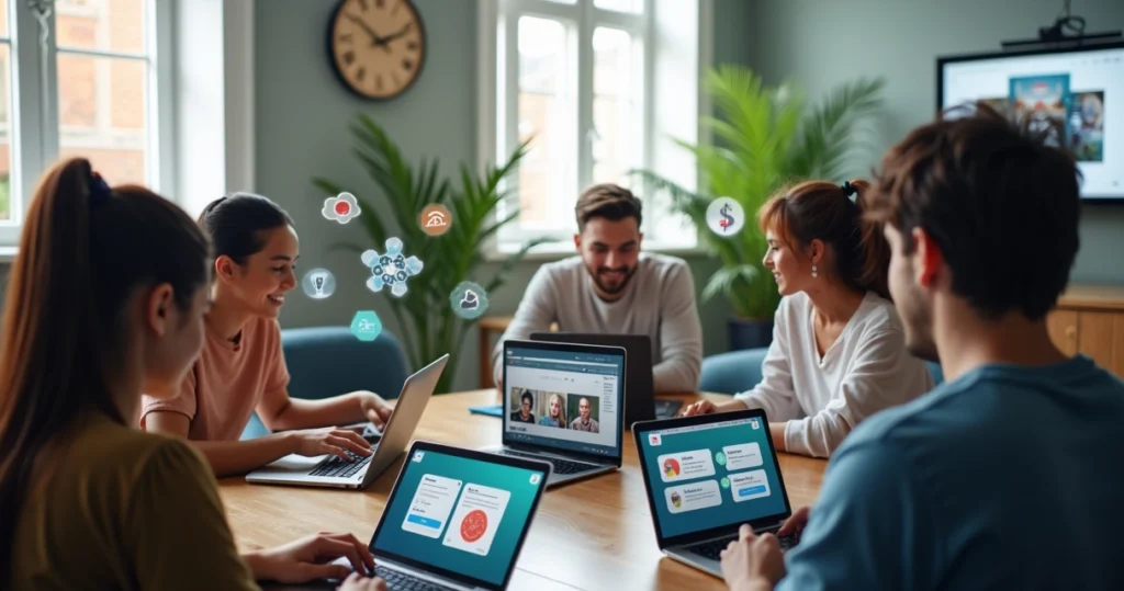 Grupo diverso interagindo em comunidade online para cursos em computadores e dispositivos digitais