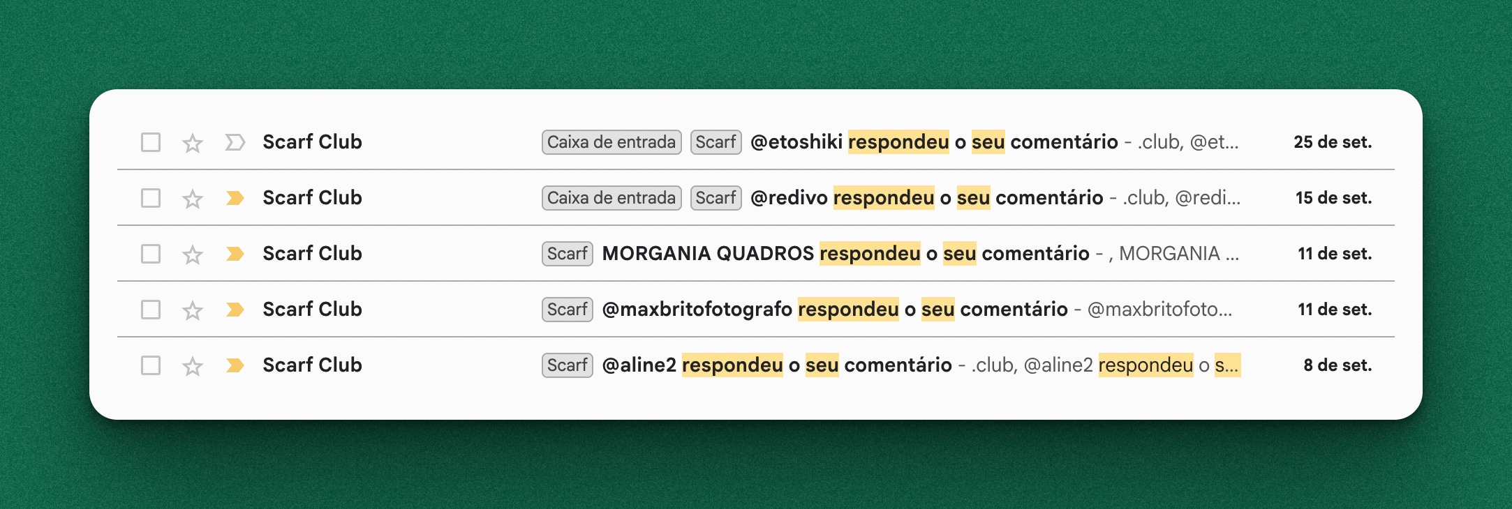 Notificações de resposta recebidas por email