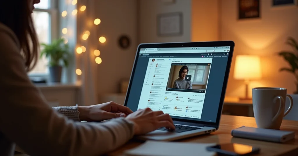 Pessoa assistindo curso online com interface interativa, quizzes e bate-papo ao lado