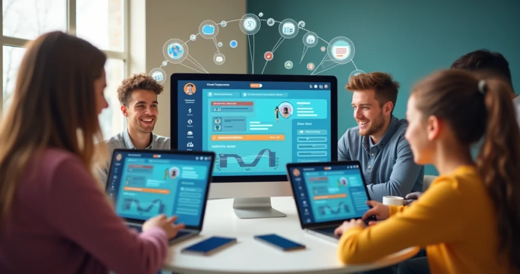 Estudantes interagindo com plataforma digital em dispositivos móveis e computadores