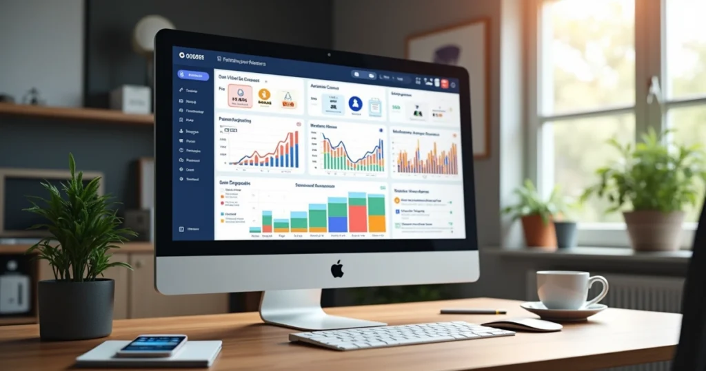 Tela de computador exibindo plataforma digital para cursos online com gráficos de crescimento e interação