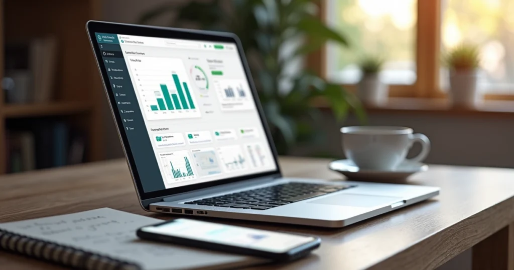 Mesa moderna com laptop mostrando interface de plataforma online integrada, calendário de eventos, vídeos e gráficos de engajamento