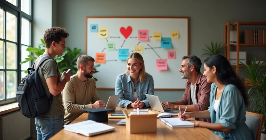 Grupo diverso de adultos conectando-se em roda durante momento de transição de vida